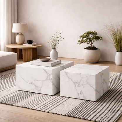 Set of 2 Munkebo White Marble Carrara Square Coffee Tables
