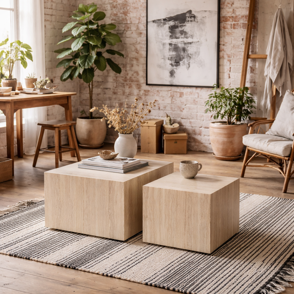 Set of 2 Munkebo Light Travertine Marble Square Coffee Tables Light