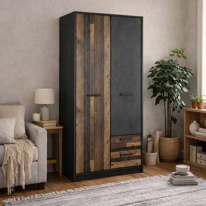Whimwick Walnut and Dark Matera Grey 2 Door Wardrobe 2 Drawers