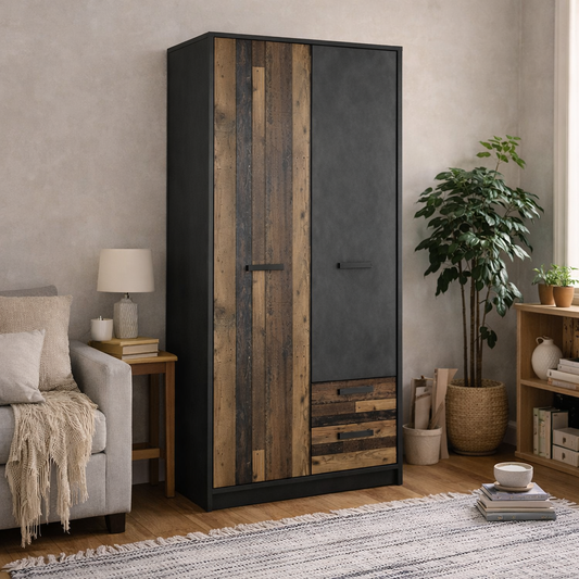 Whimwick Walnut and Dark Matera Grey 2 Door Wardrobe 2 Drawers