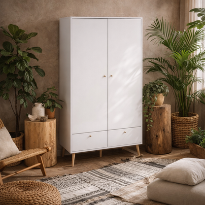 Quietbloom White Wooden Wardrobe 2 Doors 2 Drawers