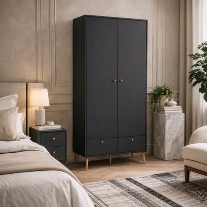 Quietbloom Dark Grey Wooden Wardrobe with 2 Doors 2 Drawers