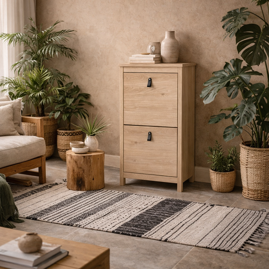 Wildberry Natural Oak Wood Shoe Cabinet 2 Flip Doors