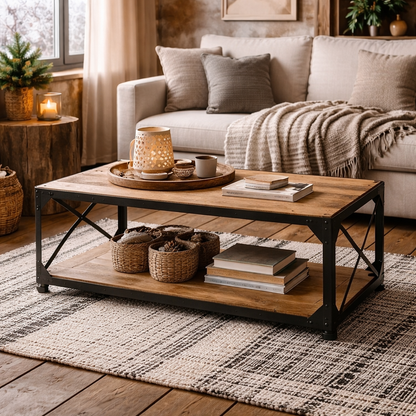 Oulu Industrial Reclaimed Wood and Metal Vintage Coffee Table Bottom Shelf