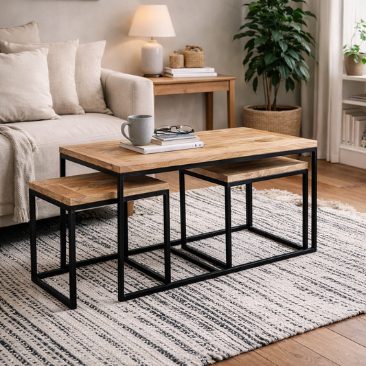 Set of 3 Toivakka Industrial Reclaimed Wood Nesting Coffee Tables