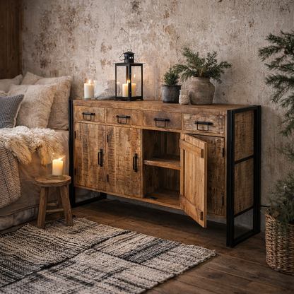 Toivakka Industrial Reclaimed Wood Large Sideboard 4 Drawers 4 Doors
