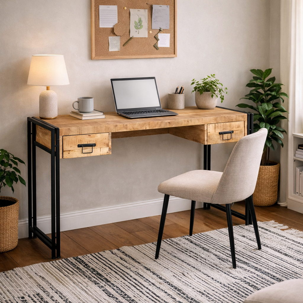 Toivakka Industrial Reclaimed Wood and Metal Desk 2 Drawers