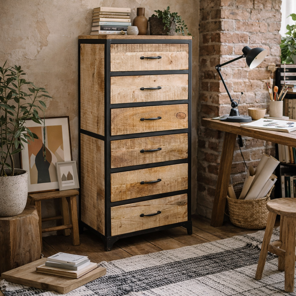 Toivakka Industrial Reclaimed Wood and Metal Storage Chest of 6 Drawers