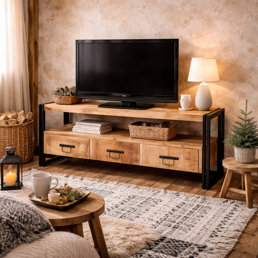 Toivakka Industrial Reclaimed Wood and Metal TV Unit 3 Drawers