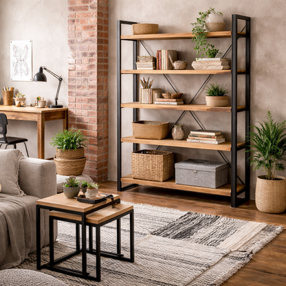 Toivakka Industrial Reclaimed Wood and Metal Wide Bookcase 5 Shelves