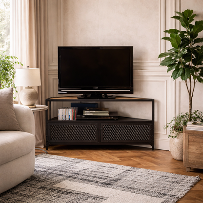 Oulu Small Industrial Reclaimed Wood and Metal Vintage Corner TV Unit 2 Doors