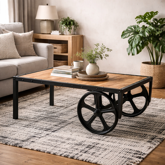 Toivakka Industrial Reclaimed Wood and Metal Coffee Table with Wheels
