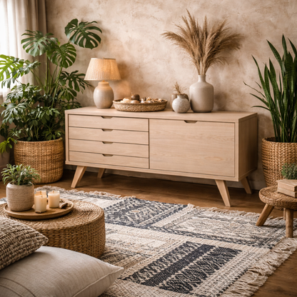 Jyvaskyla White Oak Wood Sideboard 4 Drawers 1 Sliding Door