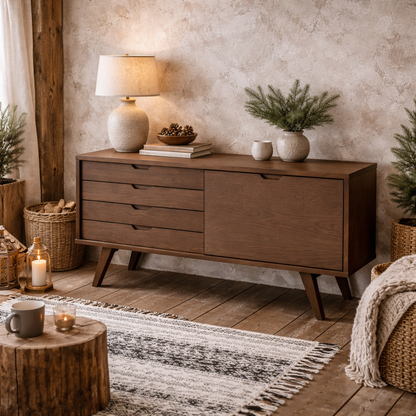 Jyvaskyla Dark Oak Wood Sideboard 4 Drawers 1 Sliding Door