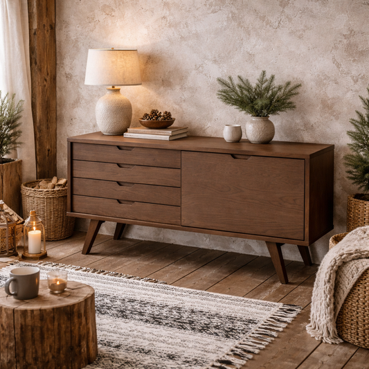 Jyvaskyla Dark Oak Wood Sideboard 4 Drawers 1 Sliding Door