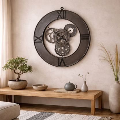 Inari Industrial Metal Cogs Wall Clock Roman Numerals