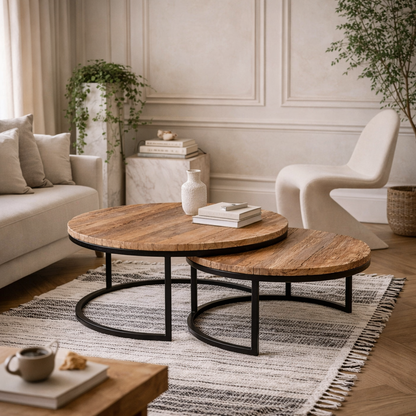 Set of 2 Yllas Railway Sleepers Nesting Round Coffee Tables