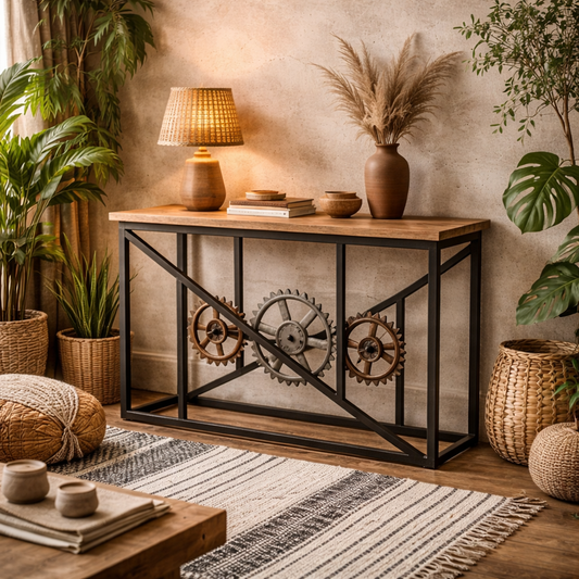 Hanko Industrial Reclaimed Wood and Metal Cogs Console Table