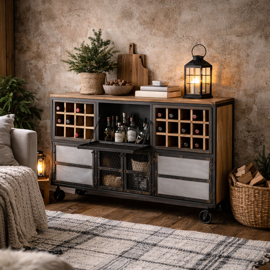 Hanko Industrial Reclaimed Wood and Metal Wine Storage Cabinet