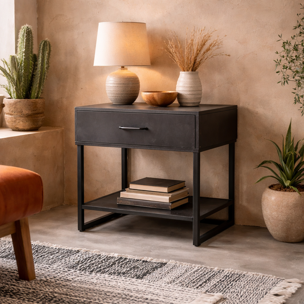 Hanko Industrial Small Black Metal Side Table 1 Drawer
