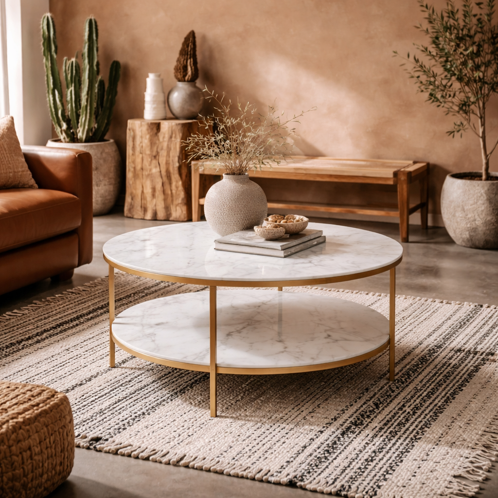 Vodskov White Marble Top Round Coffee Table Gold Legs