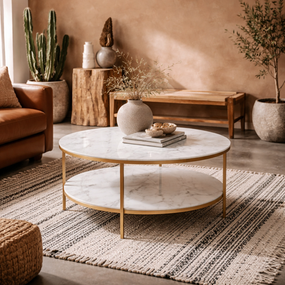 Vodskov White Marble Top Round Coffee Table Gold Legs