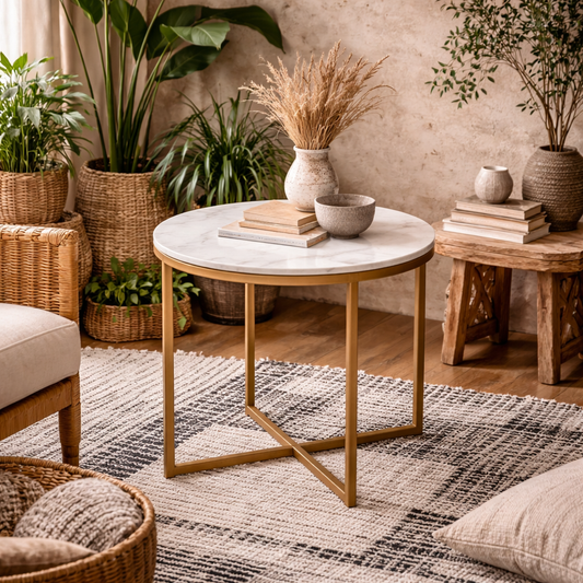 Vodskov White Marble Round Side Table Gold Legs