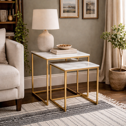 Vodskov White Marble Set of 2 Nesting Side Tables Gold Legs