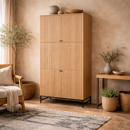 Bjork Natural Oak Wood and Black Panelled Wardrobe 4 Doors