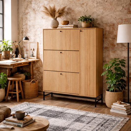 Bjork Natural Oak Wood and Black Panelled Shoe Cabinet 4 Doors