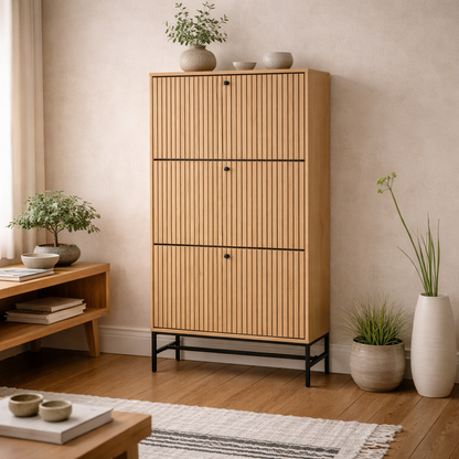 Bjork Natural Oak Wood and Black Panelled Shoe Cabinet 3 Doors