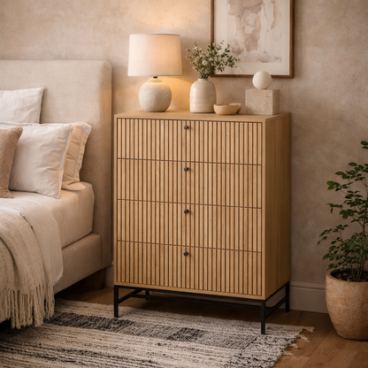 Bjork Natural Oak Wood and Black Panelled Chest of 4 Drawers