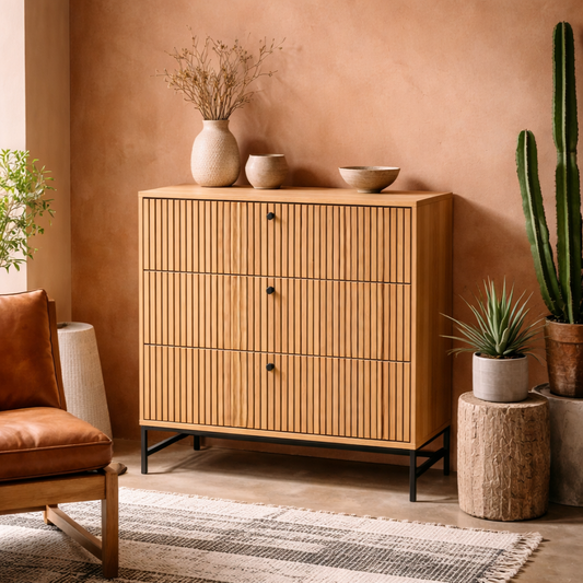 Bjork Natural Oak Wood and Black Panelled Wide Chest of 3 Drawers