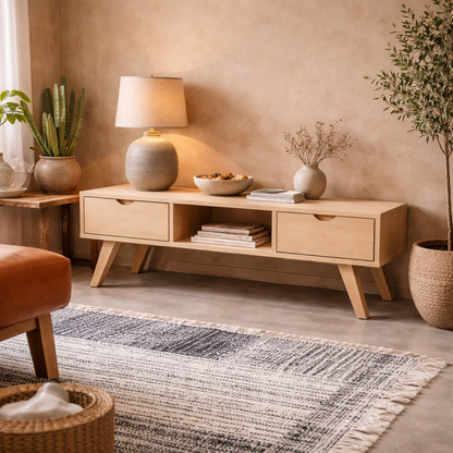 Jyvaskyla White Oak Wood TV Unit 2 Drawers