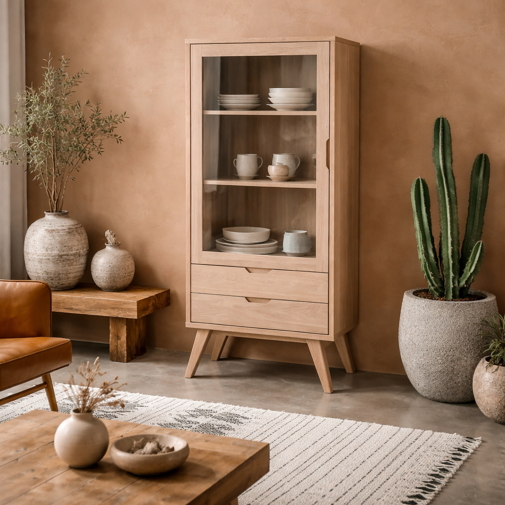 Kotka White Oak Wood Display Cabinet 2 Drawers 2 Shelves