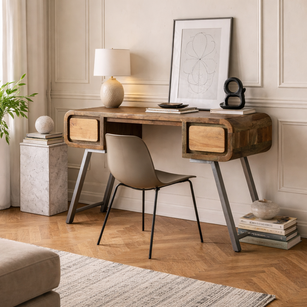 Los Angeles Reclaimed Wood and Metal Desk 2 Drawers