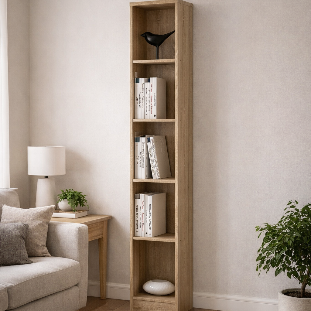 Hollola Sonama Oak Wood Tall Narrow Bookcase 5 Shelves