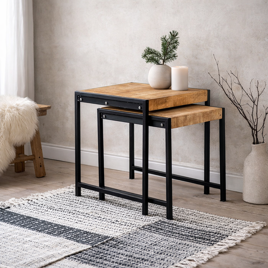Set of Toivakka Industrial Reclaimed Wood and Metal Nesting Side Tables