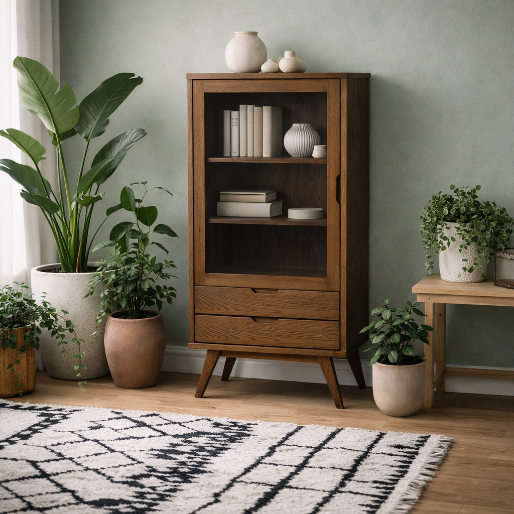 Kotka Dark Oak Wood Display Cabinet 2 Drawers 2 Shelves