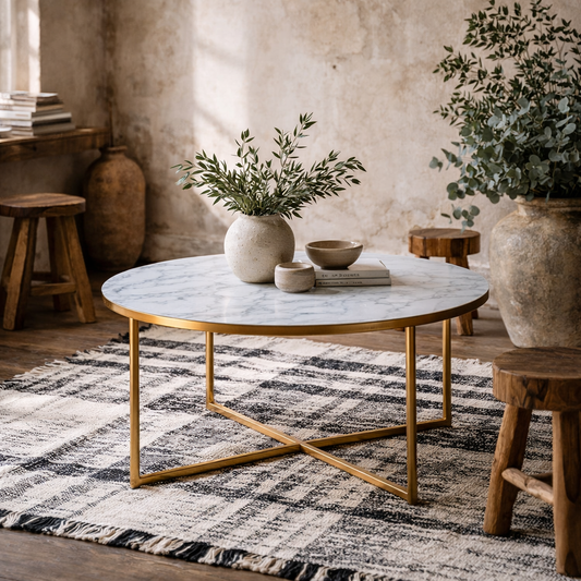 Vodskov White Marble Round Coffee Table Gold Legs