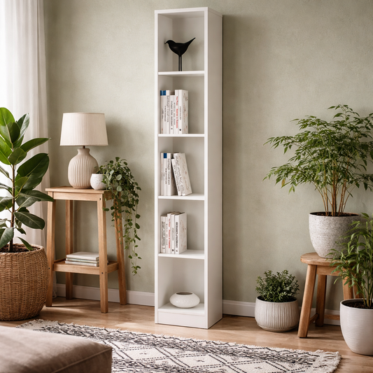 Hollola White Wooden Tall Narrow Bookcase 5 Shelves