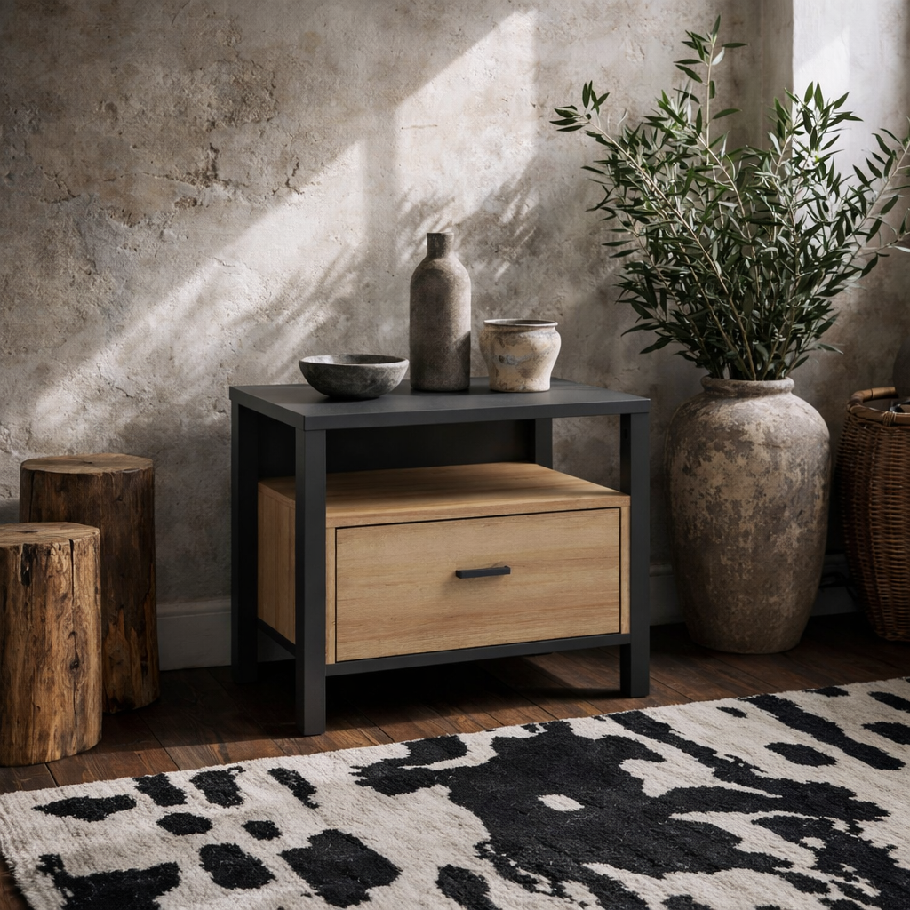 Egtved Black and Natural Oak Wood Effect Bedside 1 Drawer