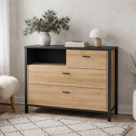 Egtved Black and Natural Oak Wood Effect Chest of 3 Drawers