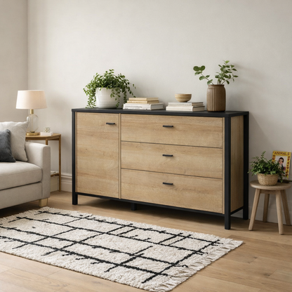 Egtved Black and Natural Oak Wood Effect 1 Door 3 Drawer Sideboard