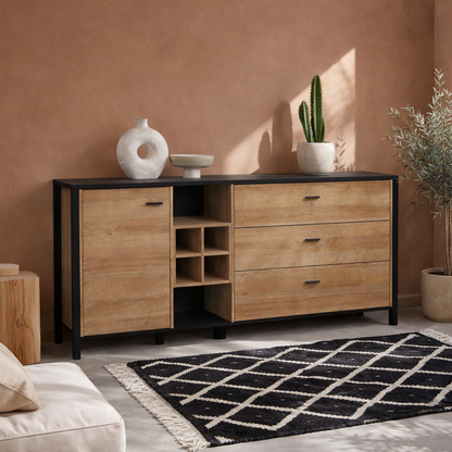 Egtved Black and Natural Oak Wood Effect Large Sideboard 1 Door 3 Drawers