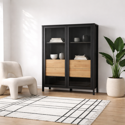 Egtved Black and Natural Oak Wood Effect Large Wide Display Cabinet 2 Doors 4 Drawers
