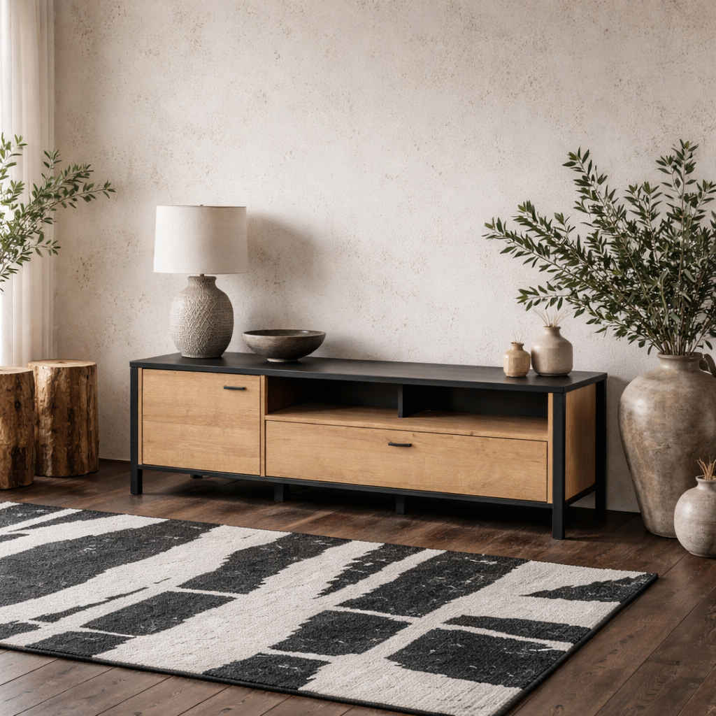 Egtved Black and Natural Oak Wood Effect TV Unit 1 Door 1 Drawer