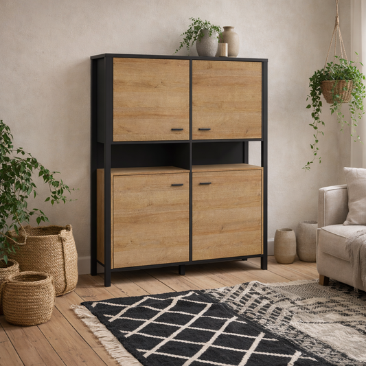 Egtved Black and Natural Oak Wood Effect Storage Cabinet 4 Doors