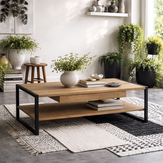 Egtved Black and Natural Oak Wood Effect Coffee Table 1 Drawer