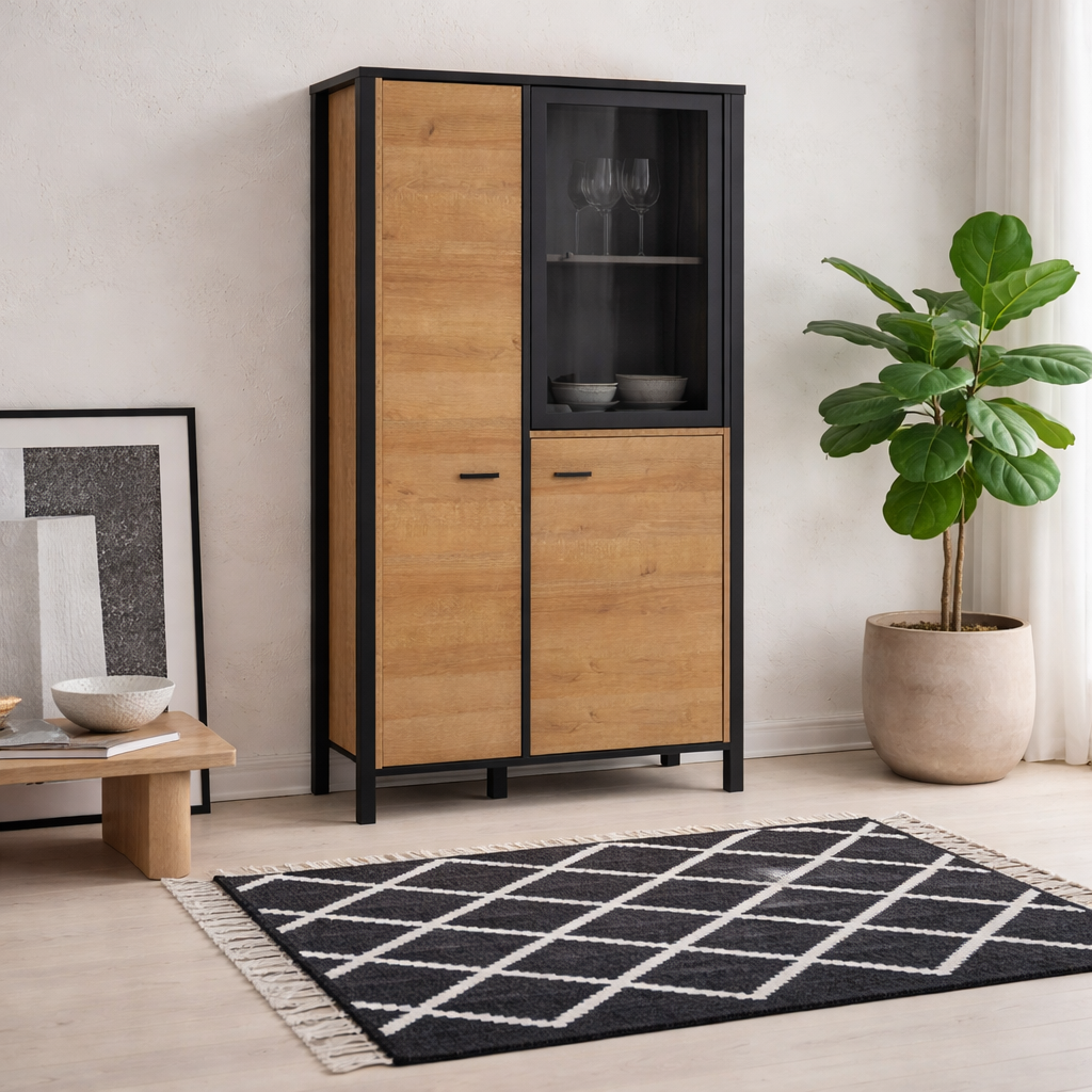 Egtved Black and Natural Oak Wood Effect Small Display Cabinet 2 Doors 1 Shelf